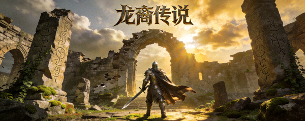 奇幻角色扮演游戏《龙裔传说》场景 - 勇士在古老遗迹前站立